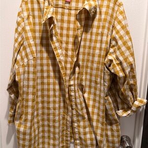 Woman Within 3X Mustard Gingham Buffalo Check Button Down Shirt Plus Size
